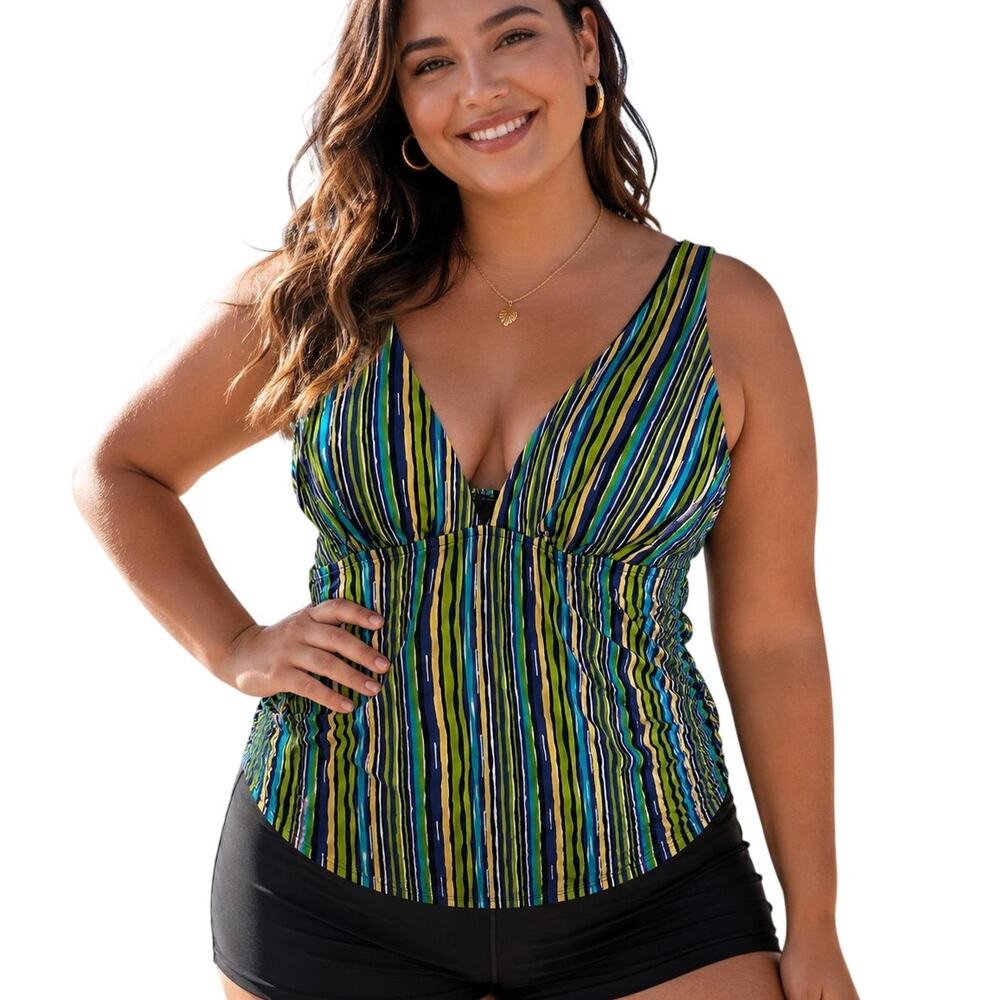 Ashley Stewart Tankini Top Womens Size 16 Green Striped Beach Swim Bathing Suit